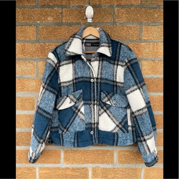 ZARA CROPPED PLAID OVER SHIRT BLUE/ WHITE SMALL - Picture 1 of 9